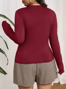 SHEIN Frenchy 加大码 1 件法式纯色圆领长袖基本款 T 恤 - 酒紅色 - 查看 2