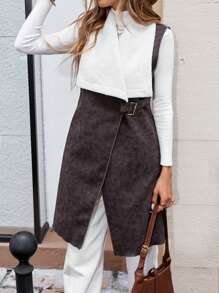 SHEIN LUNE Áo khoác vest dài cổ lông cừu dày dặn thường ngày cho nữ, dáng rộng, mùa thu/đông - Màu nâu  Mocha - Xem 3