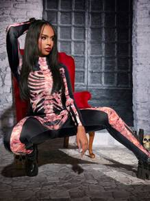 SHEIN SXY Women Skeleton Print Mock Neck Long Sleeve Bodycon Jumpsuit, Casual For Autumn
