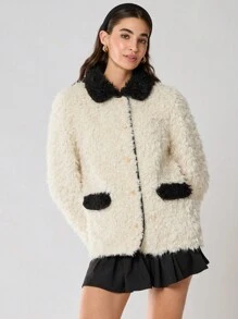 Enchnt 女士休闲宽松黑白拼色单排扣蓬松夹克，日常，工作，冬季女装，圣诞女装，