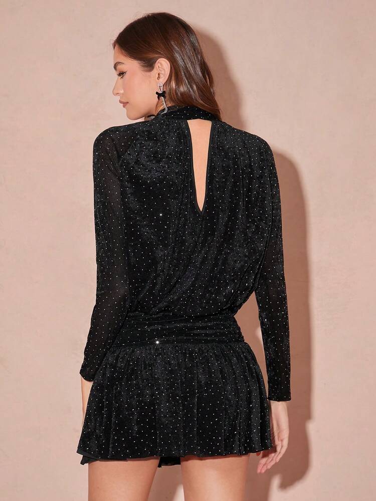 Women's Long-Sleeved Black Dress, Velvet Rhinestones, Scarf And Ribbon, Gathered Short Dress,Thanksgiving Women Outfit,Christmas,Dates,