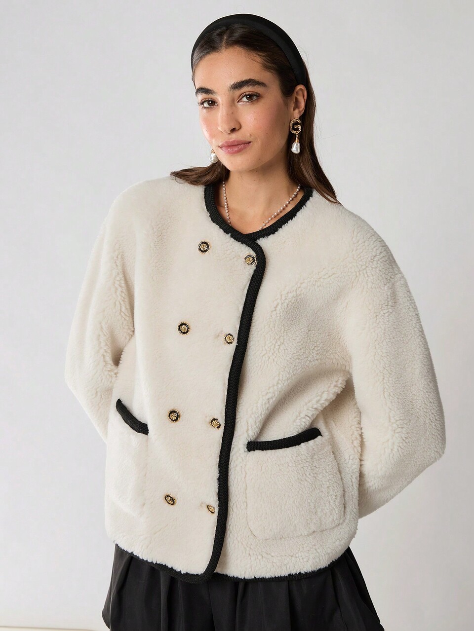 Women's Off-White Fluffy Black Trim Metal Double Breasted Loose Round Neck Long Sleeve Winter Elegent Tea Party Jacket,Suitable For Work,Christmas
