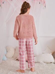 SHEIN Tween Girl Minimalist Cartoon Embroidered Crew Neck Fleece Pullover Top & Plaid Flannel Relaxed Pants 2pcs Pajama Set, Pink, Autumn/Winter
