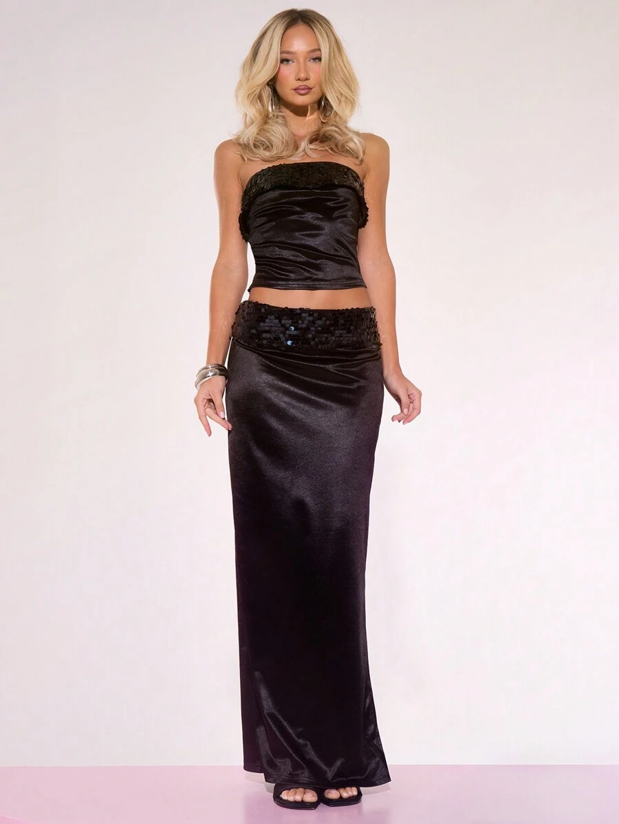MUSERA Contrast Sequin Waist Maxi Skirt Elegant Spring Summer Ibiza, Holiday, Club