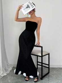 SHEIN Unity 2024 New Autumn/Winter Women's Color Block Floral Open Shoulder Elegant Textured Fishtail Dress - Black - View 7