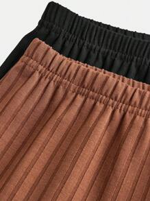 SHEIN 2pcs Teen Girl Solid Color Ribbed Knit Leggings - Brown - View 3