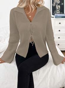 Chiquease Cárdigan casual con abertura delantera y ajustable, con cuello, en color blanco nacarado, de estilo de moda - Gris - Ver 5