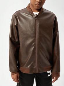 SHEIN Teenager Jungen Vintage Jacke im Used-Look aus Kunstleder, lässiger, cooler Stil