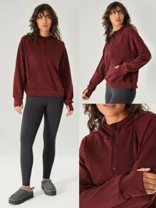 GLOWMODE 莫代尔羊毛保暖超大半拉链袋鼠口袋连帽衫带拇指孔日常休闲秋冬 - 酒紅色 - 查看 7