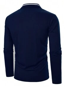 Manfinity Bizformal Camisa polo de manga larga con cuello casual de negocios para hombres, camisa polo clásica de bloques de color azul y blanco para hombres, para salir, para el esposo