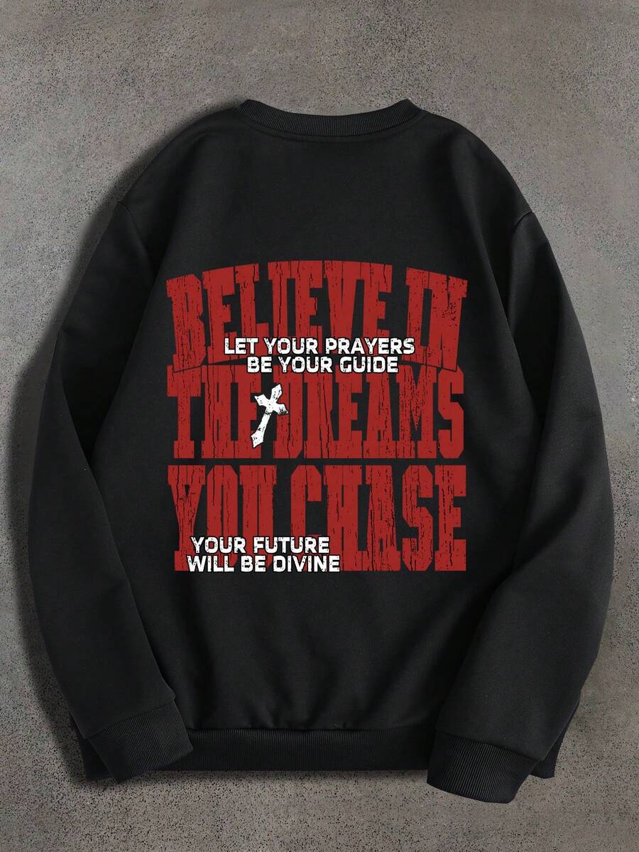 Manfinity EMRG 秋冬季男士休闲标语印花羊毛运动衫 - 黑色 - 查看 1