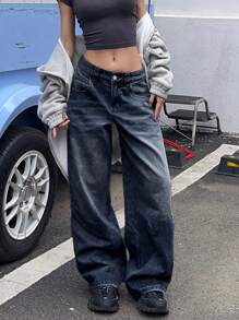 Women Retro Loose Straight Wide-Leg Distressed Boyfriend Jeans