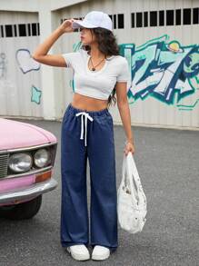 SHEIN Quần Jeans Denim Giặt Cho Nữ Tuổi Teen, Thời Trang Thường Ngày Nhẹ Đa Năng Cho Mùa Xuân/Hè - Rửa tối - Xem 3