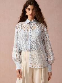 Enchnt Women Light Blue Hollow-Out Embroidered Raglan Sleeve Single-Breasted Blouse,Summer Elegant Tea Party Long Sleeve Top,Christmas New Year Wear - Blue - View 3