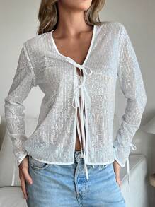 SHEIN Essnce Women's Sequin Bowknot Long Sleeve Blouse, Long Sleeve Shirt, Thanksgiving,Christmas, White,Silver-White Color, Christmas Party Top - Silver - View 1