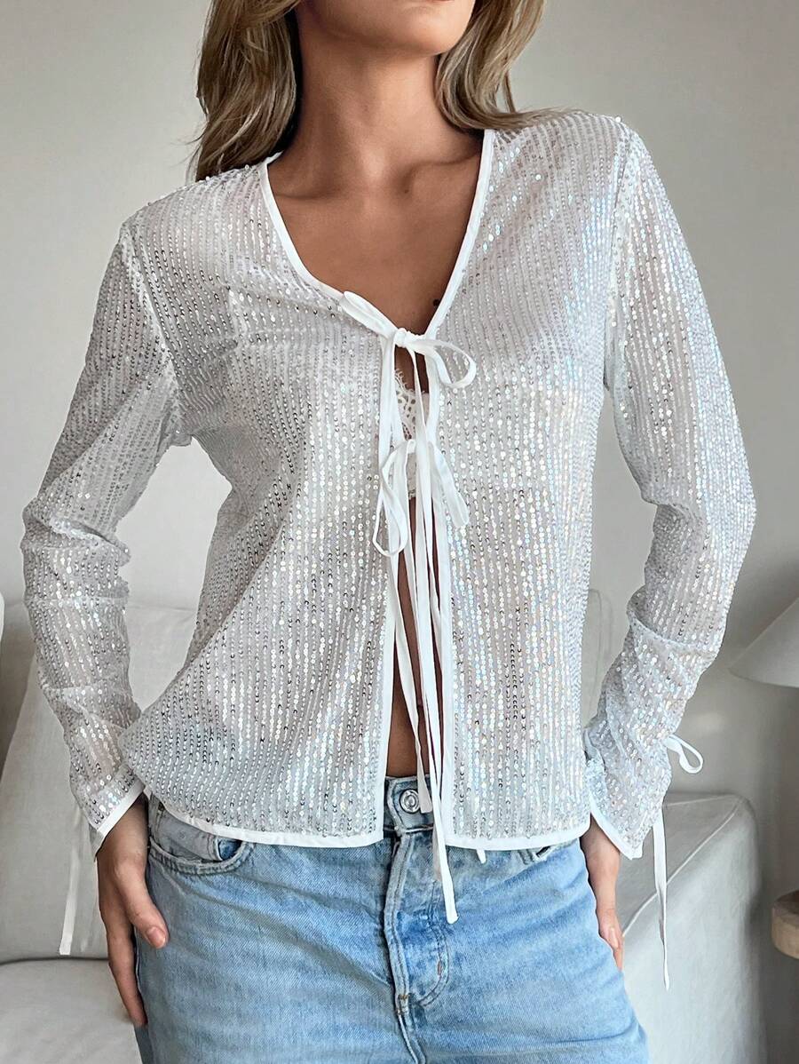 SHEIN Essnce Women's Sequin Bowknot Long Sleeve Blouse, Long Sleeve Shirt, Thanksgiving,Christmas, White,Silver-White Color, Christmas Party Top - Silver - View 1