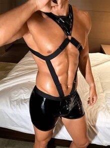 DrisQ Herren einfarbiger Romper Kostümanzug aus rundem Ring verbundenem Cut Out PU-Leder