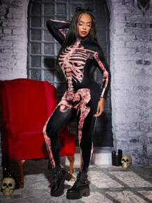 SHEIN SXY Women Skeleton Print Mock Neck Long Sleeve Bodycon Jumpsuit, Casual For Autumn