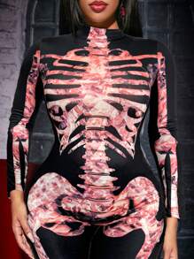 SHEIN SXY Women Skeleton Print Mock Neck Long Sleeve Bodycon Jumpsuit, Casual For Autumn