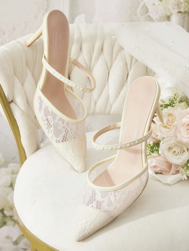 CUCCOO HITCHD Pointed Toe High Heel Beige Lace And Mesh Bridal Wedding Shoes For Women Valentines Valentine Day
