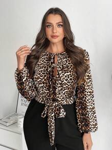 SHEIN Frenchy Plus Size Women Elegant Leopard Print Lantern Sleeve Twist Front Tie Waist Jumpsuit, Spring/Autumn - Multicolor - View 5