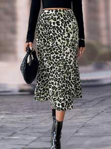 Chiquease Falda de línea A casual con estampado de leopardo para mujeres