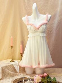 Women Sexy Lingerie Dress , Elegant & Seductive, Fluffy Decor & Lace Splice, Pink Holiday Season, Christmas - White - View 6