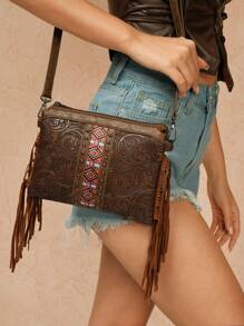 Twin Melody X SHEIN SHEIN VCAY Retro Bohemian Style Tassel Handbag With Shoulder Strap, Perfect For Rodeo Occasion - Coffee Brown - View 3