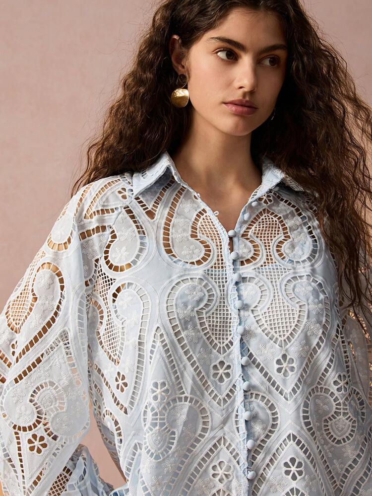 New Autumn Winter Products, Women Hollow-Out Embroidered Raglan Sleeve Single-Breasted Romantic & Elegant  Blouse,Fall Winter Women's Clothing, Winter Top, Long Sleeve Top,Fall Women Outfits,Winter Clothes,Christmas Women Clothes,Vacation Top,New Years Clothes