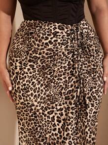 SHEIN BAE Plus Size Fall Elegant Sexy Sweet Woman Brown Leopard Print Full Pattern Print Drawstring Pleated High Slit Fishtail Midi Skirt Street Skirt Commuter Skirt Hollowed Costumes Thanksgiving Women Outfit Sexy Women Outfits Long Women Skirts
