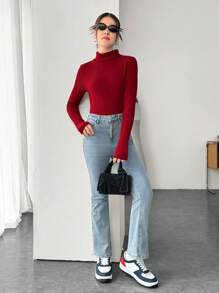 SHEIN Leap Crew 青少年女孩罗纹纹理高领长袖休闲 T 恤，部分手指露出