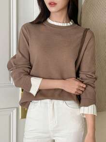 DAZY 女式双色荷叶边立领休闲宽松毛衣，长袖上衣秋季 - 棕色 - 查看 2