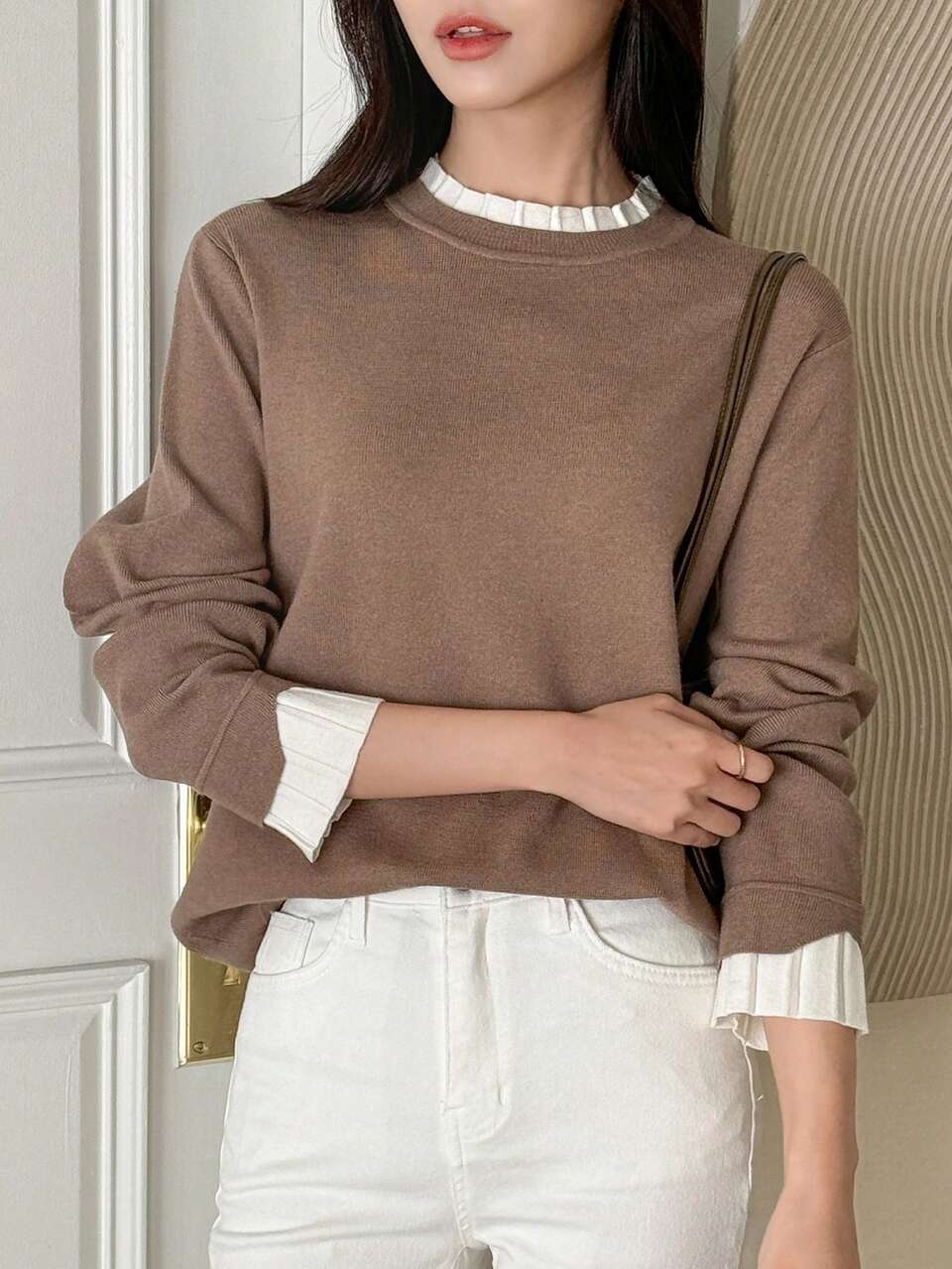 Women Two-Tone Frill Mock Neck Casual Loose Sweater,Long Sleeve Tops Fall