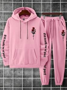 Manfinity Homme 2 件男士休闲玫瑰和字母印花连帽运动衫和运动裤套装，秋冬 - 粉色 - 查看 6