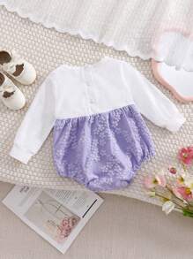 SHEIN 女婴优雅提花蝴蝶结连体衣，非常适合生日派对、秋冬季 - 紫色 - 查看 2