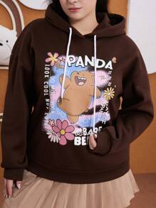 We Bare Bears X SHEIN Plus Size Casual Cute Funny Brown Graffiti Bear & Tropical Flower Print Thermal Lined Sweatshirt, Autumn/Winter - Brown - View 3