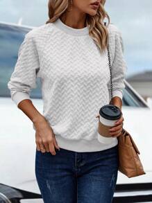 SHEIN LUNE 女式纯色圆领插肩袖长袖休闲运动衫，秋季 - 白色 - 查看 1