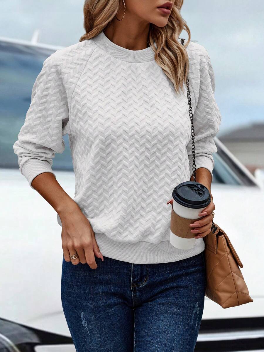 SHEIN LUNE 女式纯色圆领插肩袖长袖休闲运动衫，秋季 - 白色 - 查看 1