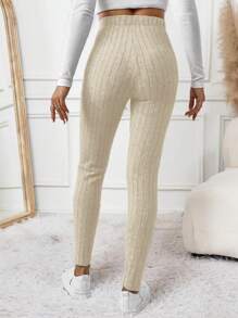 SHEIN Frenchy 纯色针织罗纹弹力腰部紧身黑色粒面面料女式紧身打底裤 - 杏色 - 查看 2