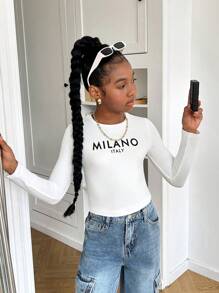 SHEIN Tween Girl Letter Graphic Cropped Crew Neck Long Sleeve Tight T-Shirt, Suitable For Spring, Autumn And Winter
