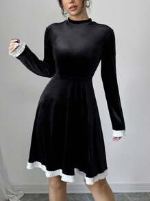 Elenzga 圆领褶皱收腰 A 字形拼色荷叶边复古天鹅绒连衣裙，优雅的日常穿着和派对，百搭 - 黑與白 - 查看 4