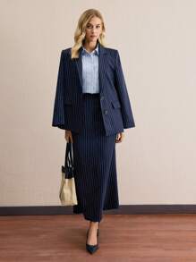 BizChic Bộ 2 quần áo vest sọc dài tay cho nữ, trang phục công sở thanh lịch, xuân/hè - Màu xanh hải quân - Xem 11