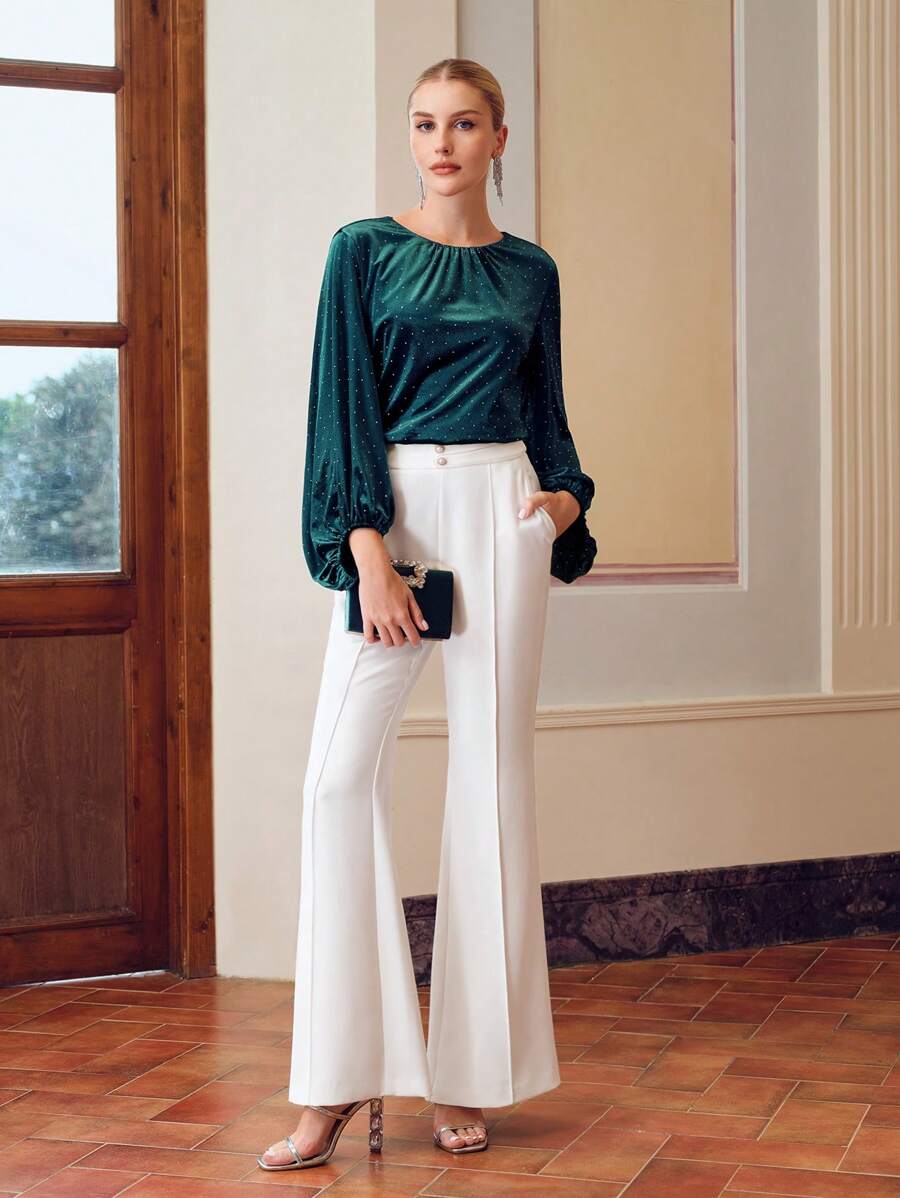 ZEYLAH 纯色灯笼袖褶皱衬衫 - 綠色 - 查看 1