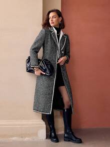 MOTF PREMIUM Mantel mit Stehkragen, Zierperlen und Pailletten-Besatz, Fischgrätmuster