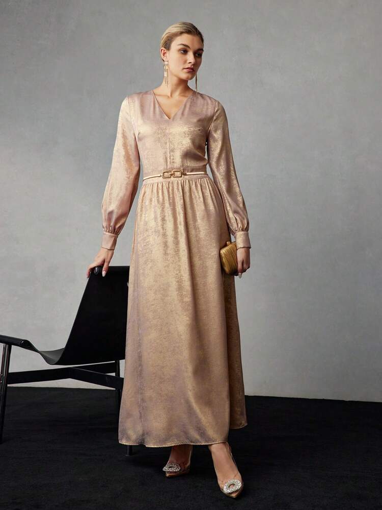 SOLID V-NECK LANTERN SLEEVE LONG DRESS WITHOUT BELT