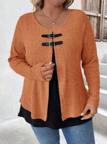 EMERY ROSE Women Plus Size Casual Contrast Color Button Detail Pullover Top, Autumn