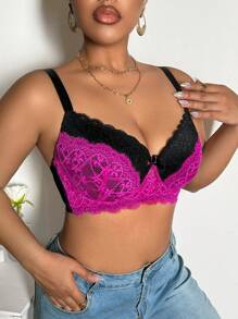加大码对比色蕾丝支撑钢圈文胸，性感乳沟增强器，1 件内衣 - 彩色 - 查看 6