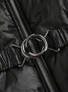 Flirla Cappotto imbottito con colletto alto, cappuccio, maniche lunghe, con cintura, tasche con zip, colore nero, abbigliamento invernale casual