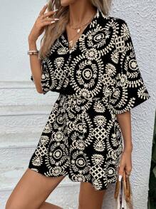 SHEIN VCAY 夏季女士花卉图案蝙蝠袖夏季女士沙滩连体裤配短裤 - 黑色 - 查看 4