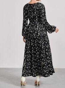 Mulvari Casual Elegant Ditsy Floral Print Cinched Waist Lantern Sleeve Modest Long Sleeve Dress, Autumn